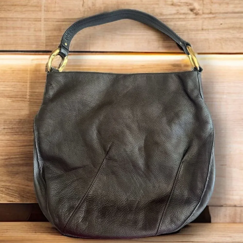 Sigrid Olsen Black Soft Leather Hobo Handbag Gold Hardware Magnetic Closure
